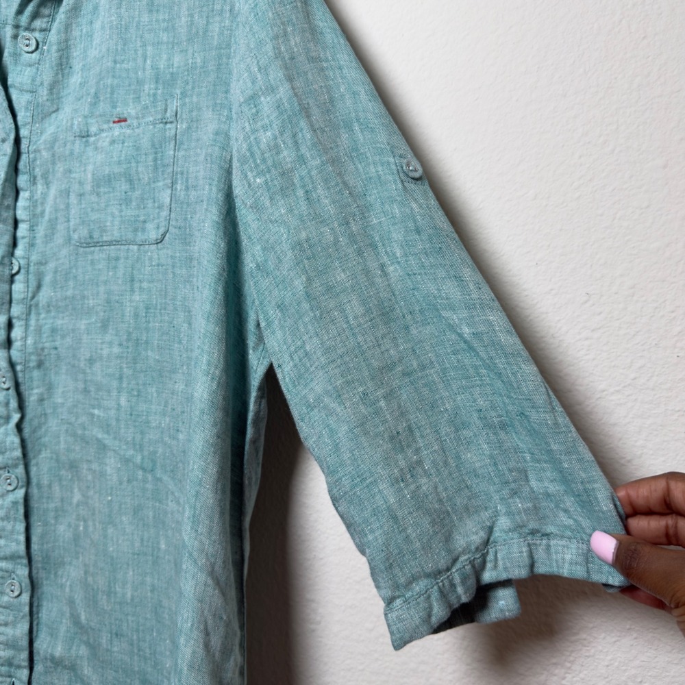 Studio Clip‎ Japanese Women 100% Linen Roll Tab 3/4 Sleeve Button Down Tunic Top - Picture 4 of 7